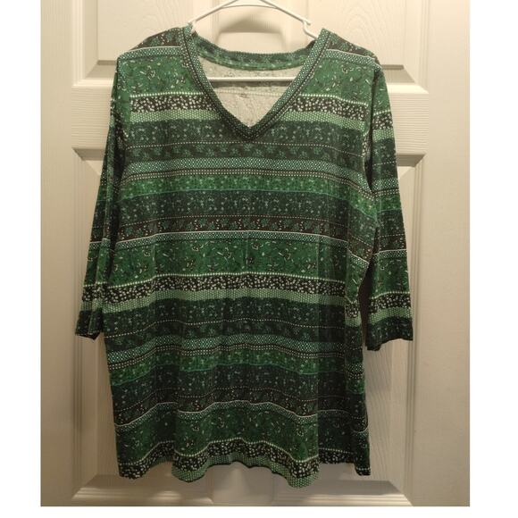 Woman Within Size 18/20 Green Striped Floral V-Neck 3/4 Sleeves T-Shirt Tee - Picture 1 of 6
